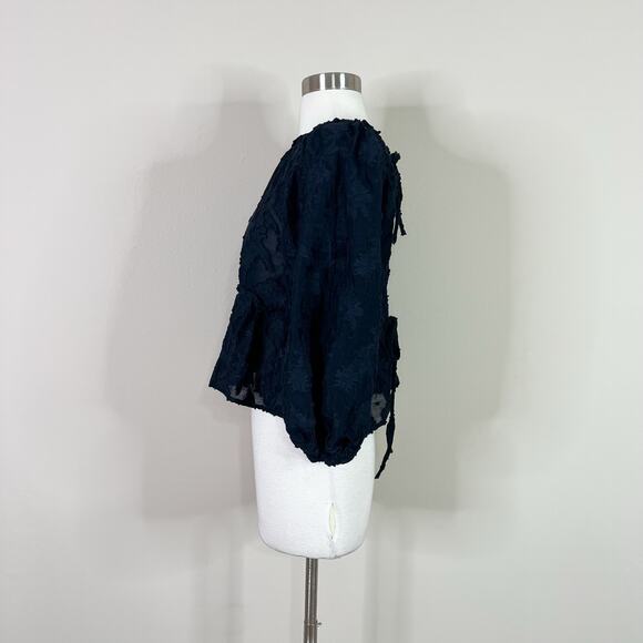 NEW Free People | Callie Puff Sleeve Flocked Open Tie Back Peplum Crop Top XS - Picture 10 of 12